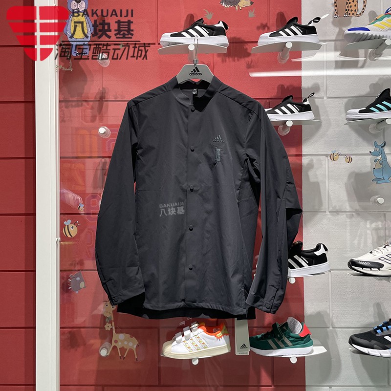 阿迪达斯暗扣衬衫立领长袖T恤