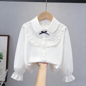 白衬衣中大童休闲春季 女童衬衫 儿童蕾丝纯棉长袖 2026新款 上衣 春装