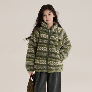 女童费尔岛外套2025冬装新款大童儿童韩系撞色提花加厚保暖上衣潮