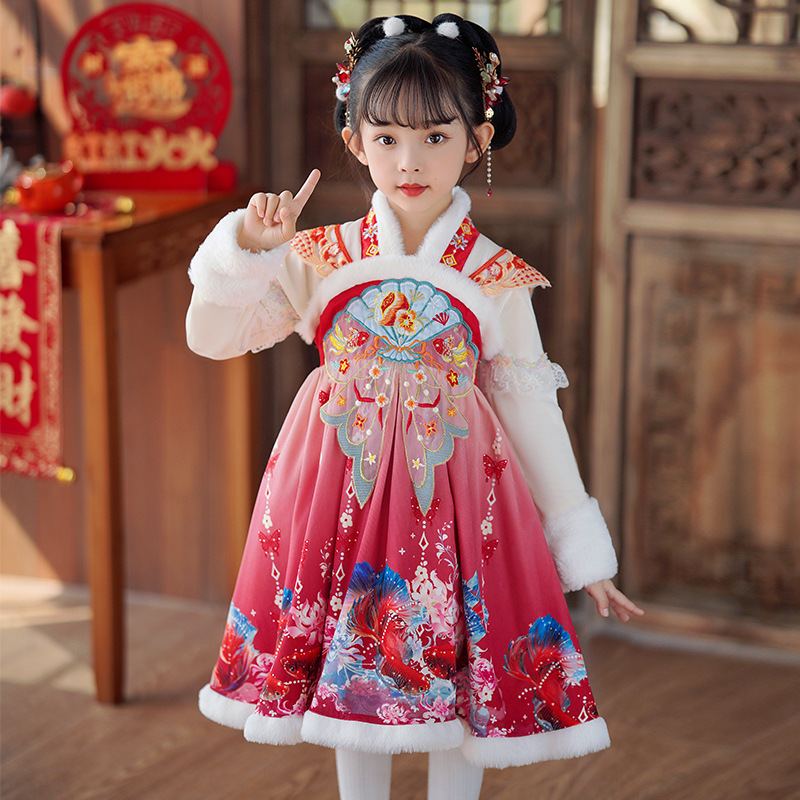汉服女童冬装加绒中国风古装公主裙儿童秋冬季加厚古风唐装连衣裙