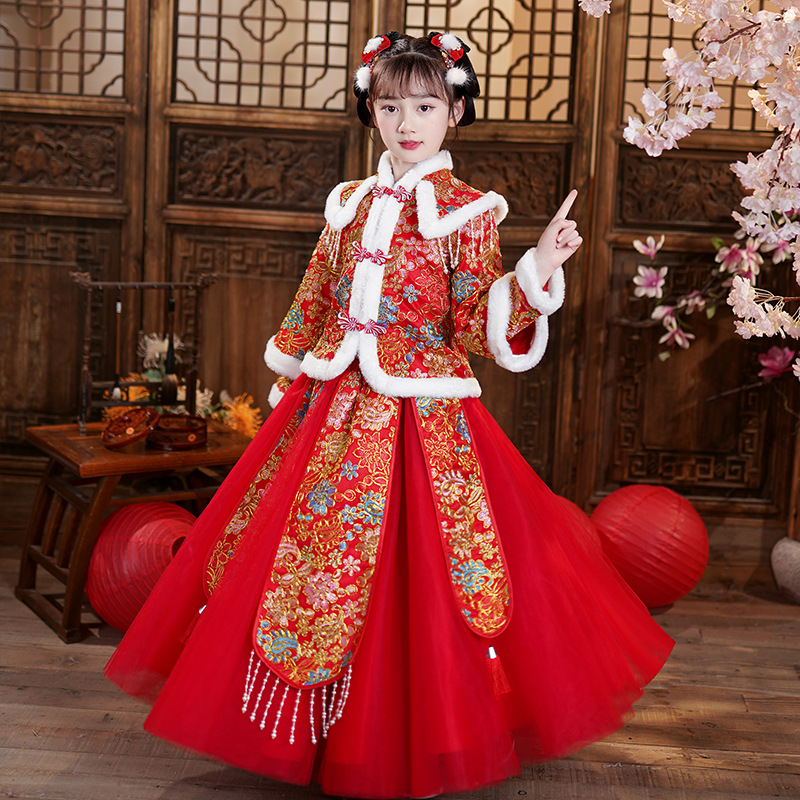 儿童汉服冬装加绒加厚古装中国风唐装女童过年喜庆新年拜年服套装