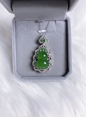 绿玉髓项链福气满满葫芦吊坠S925银豪华镶嵌