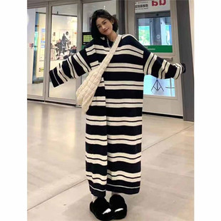 美式慵懒风条纹毛衣裙女秋冬超长款过膝宽松大版到脚踝针织连衣裙