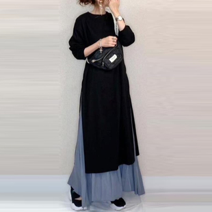 大版时尚拼接卫衣连衣裙女秋冬超长款撞色两件套宽松显瘦过膝长裙