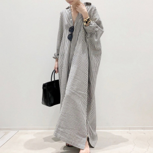 韩版休闲条纹衬衫连衣裙女春夏开衩宽松大码超长款过膝长裙到脚踝