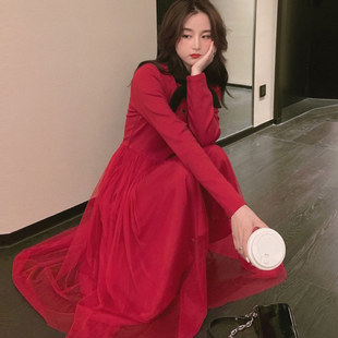 新年红色针织连衣裙女中长款过膝冬天韩版拼接网纱收腰显瘦A字裙