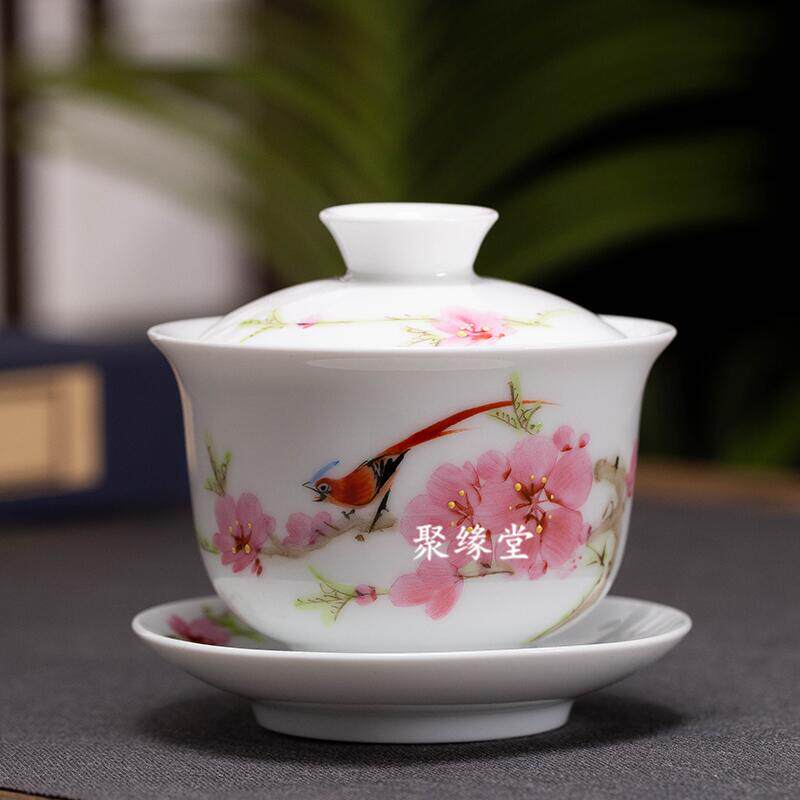 景德镇白瓷 7501官窑 毛瓷手绘水点桃花大号三才盖碗 茶杯 泡茶碗