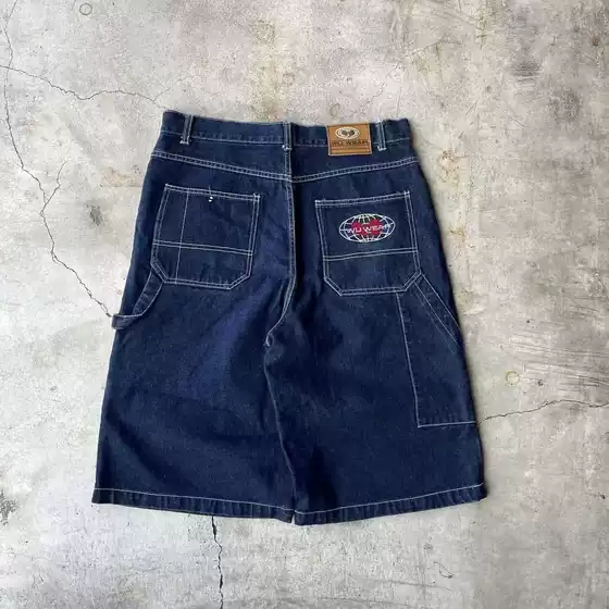 Wutang American Retro Embroidered Chain Denim Shorts Hip-Hop Street Straight-Leg Skateboard Shorts for Men