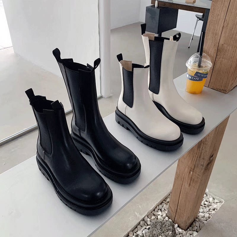 새로운 스타일 마틴 부츠 영국식 미드 송아지 가죽 두꺼운 밑창 모나 굴뚝 부츠 가을 겨울 대형 첼시 부츠