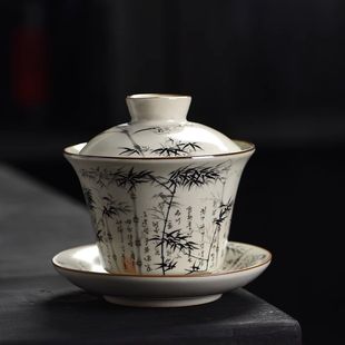 汝窑墨竹三才盖碗中国风茶杯套组家用泡茶功夫茶壶茶漏公杯品茗杯