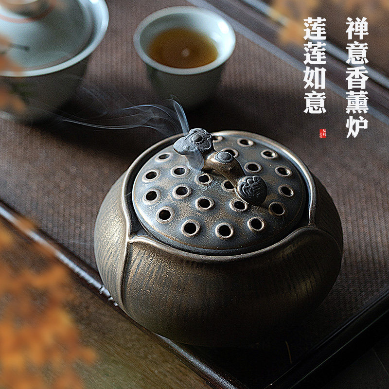 禅意香薰炉莲花香炉如意小僧家用室内檀香熏盘香炉陶瓷茶道摆件