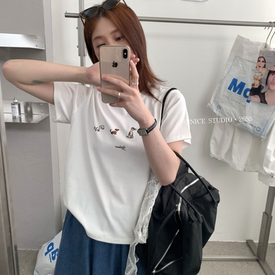 奶思家NICE STUDIO-夏上新韩系钉珠工艺小狗短袖T恤L8851