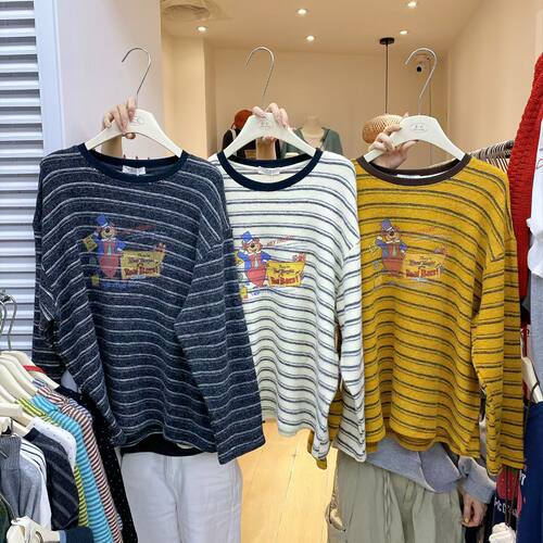 ZC秋冬韩版宽松休闲显瘦卡通印花条纹长袖T恤女上衣潮