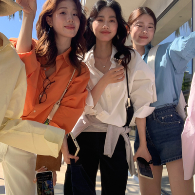 柠檬绿茶-韩女天菜高性价比多色简约韩版纯色衬衫10196