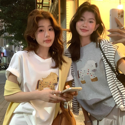 柠檬绿茶-趣味可爱～马年小马印花减龄宽松短袖T恤10155