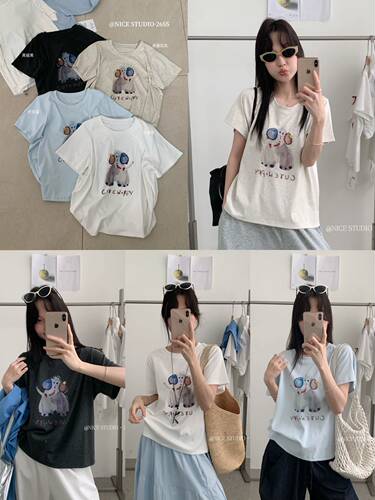 NICE STUDIO奶思家韩系休闲趣味卡通印花短袖T恤女上衣潮