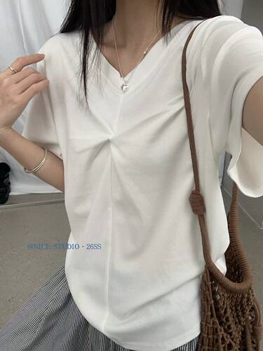NICE STUDIO奶思家前后两穿韩版V领褶皱设计感短袖T恤女显瘦上衣