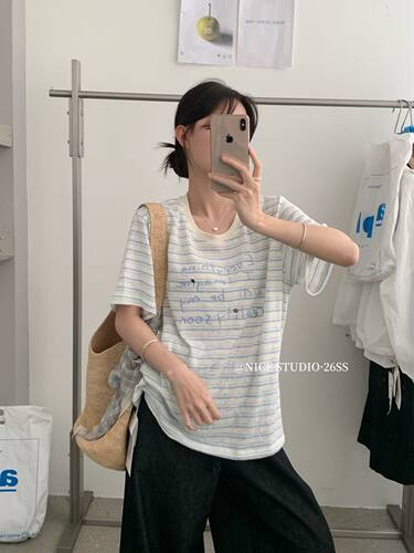 NICE STUDIO奶思家韩系休闲条纹字母宽松大版短袖T恤女上衣潮