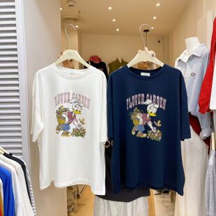 T恤女宽松慵懒风百搭字母上衣 休闲风圆领卡通印花短袖 ZC夏季 韩式