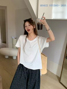 奶思家Nice studio夏季韩版宽松显瘦百搭V领短袖T恤女休闲上衣潮
