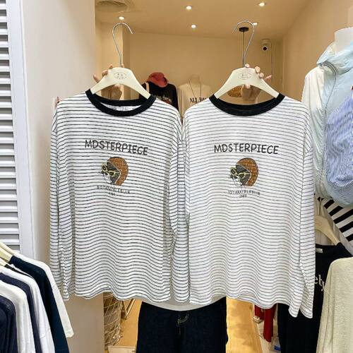 ZC夏季韩系休闲宽松大版型条纹卡通印花短袖T恤女上衣潮