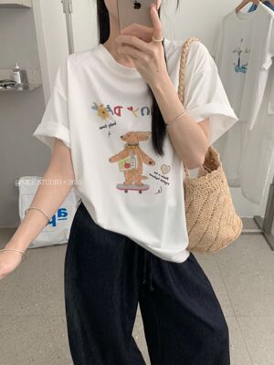 Nice Studio奶思家韩系休闲卡通滑板小熊宽松大版短袖T恤女上衣潮
