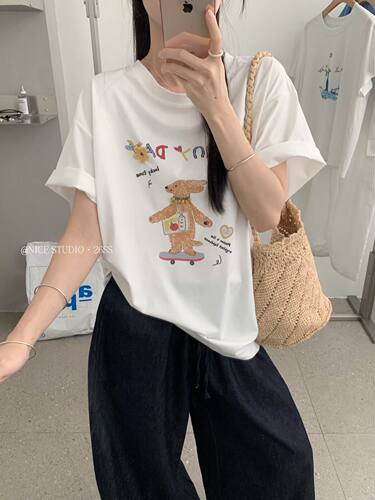 Nice Studio奶思家韩系休闲卡通滑板小熊宽松大版短袖T恤女上衣潮