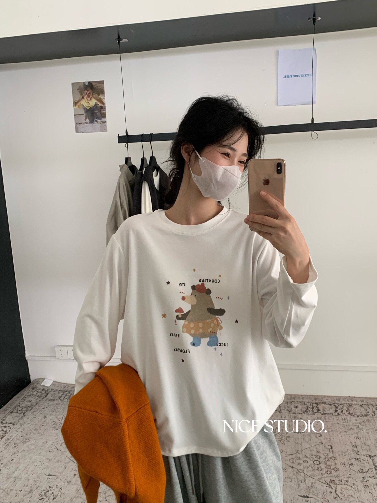 Nice studio奶思家秋韩版时尚休闲宽松显瘦卡通印花长袖T恤女潮