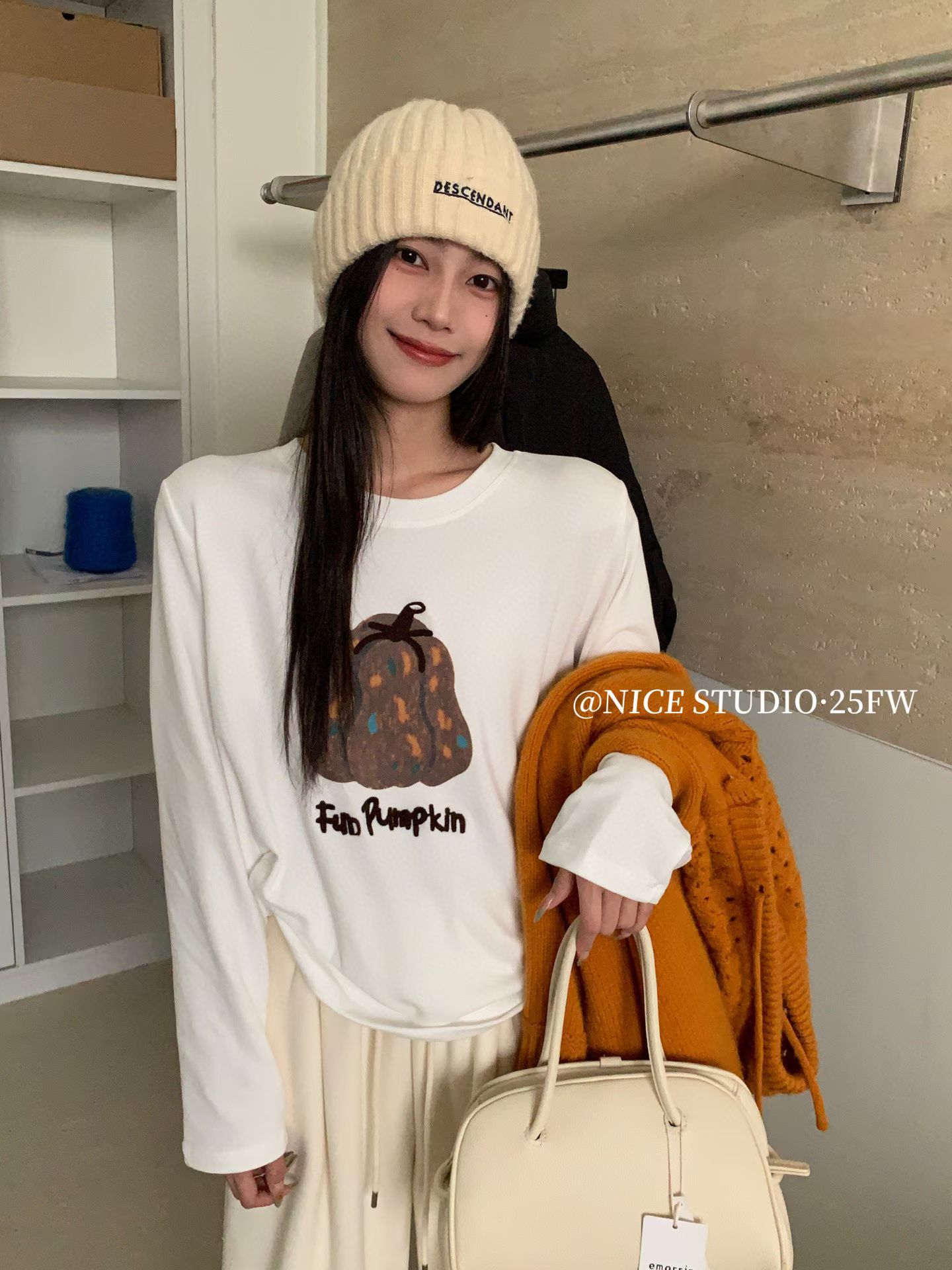 NICE STUDIO奶思家韩系加厚抓绒趣味南瓜图案长袖T恤打底衫潮