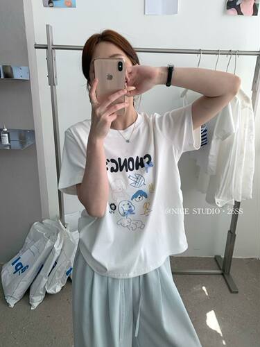 Nice studio奶思家夏上新韩系休闲小狗印花常规版短袖T恤女上衣潮