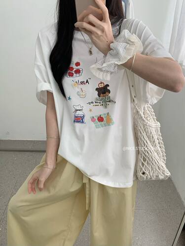Nice studio奶思家夏季韩系休闲宽松大版型卡通印花短袖T恤女上衣