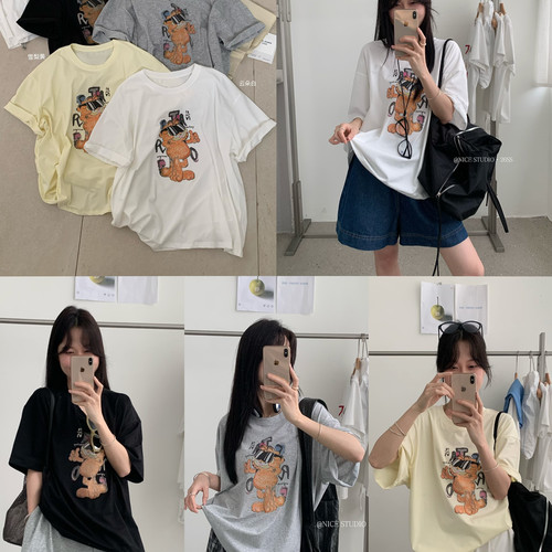 奶思家NICE STUDIO-上新韩版休闲加菲猫印花宽松大版短袖T恤L8871 - 封面