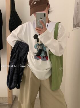 ZC26年早春ZC韩系大版休闲百搭卡通印花圆领长袖T恤92313