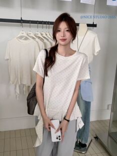 Nice T恤女上衣潮 studio奶思家夏上新韩系波点印花不规则下摆短袖