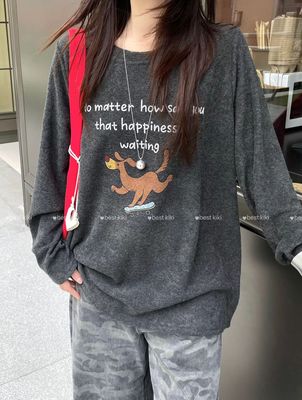 KIKI韩系宽松慵懒风减龄百搭潮字母卡通印花通勤圆领长袖T恤