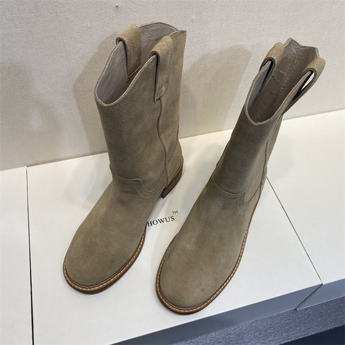 韩国手工鞋 HOWUS靴圆头粗跟西部短靴意大利进口牛皮中筒靴骑士靴