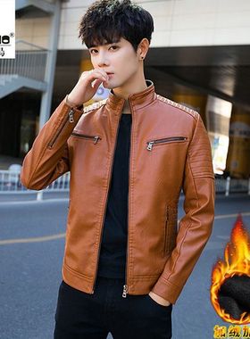 秋冬新款厚薄休闲男真皮夹克潮流加绒机车户外立领软皮外套男洋气