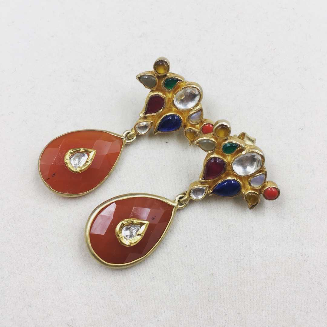 印度纯银镀金镶嵌珍珠、祖母绿、红山湖、托帕石、红蓝黄三宝耳环