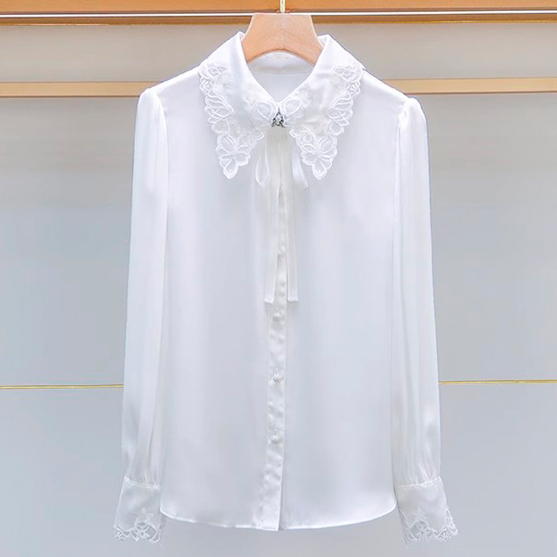 高级感气质雪纺衬衫女装2026春秋季新款刺绣花翻领长袖衬衣上衣