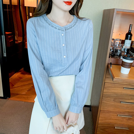 春秋季2025年新款纯棉衬衫女洋气全棉长袖轻熟设计感小众宽松上衣