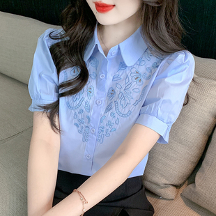 刺绣镂空短袖纯棉女士衬衫夏季2025新款气质百搭上衣翻领全棉衬衣