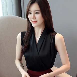 宽松显瘦V领气质OL缎面雪纺衬衫 背心女外穿夏季 吊带无袖 真丝T恤衫
