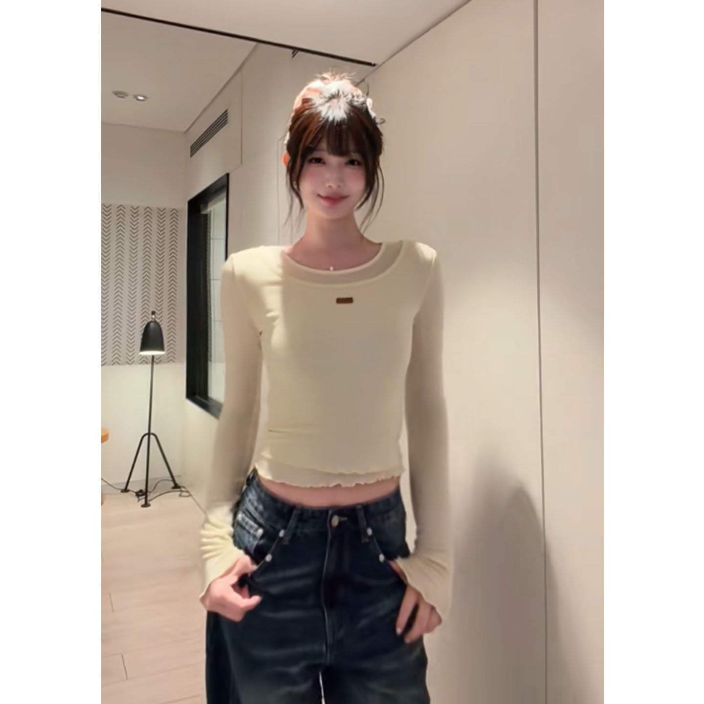 纯欲辣妹黄色假两件木耳边长袖T恤女秋季修身显瘦内搭打底上衣潮