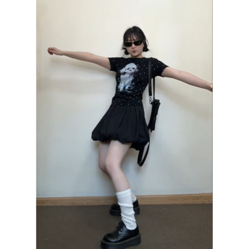 美式辣妹黑色花苞半身裙女