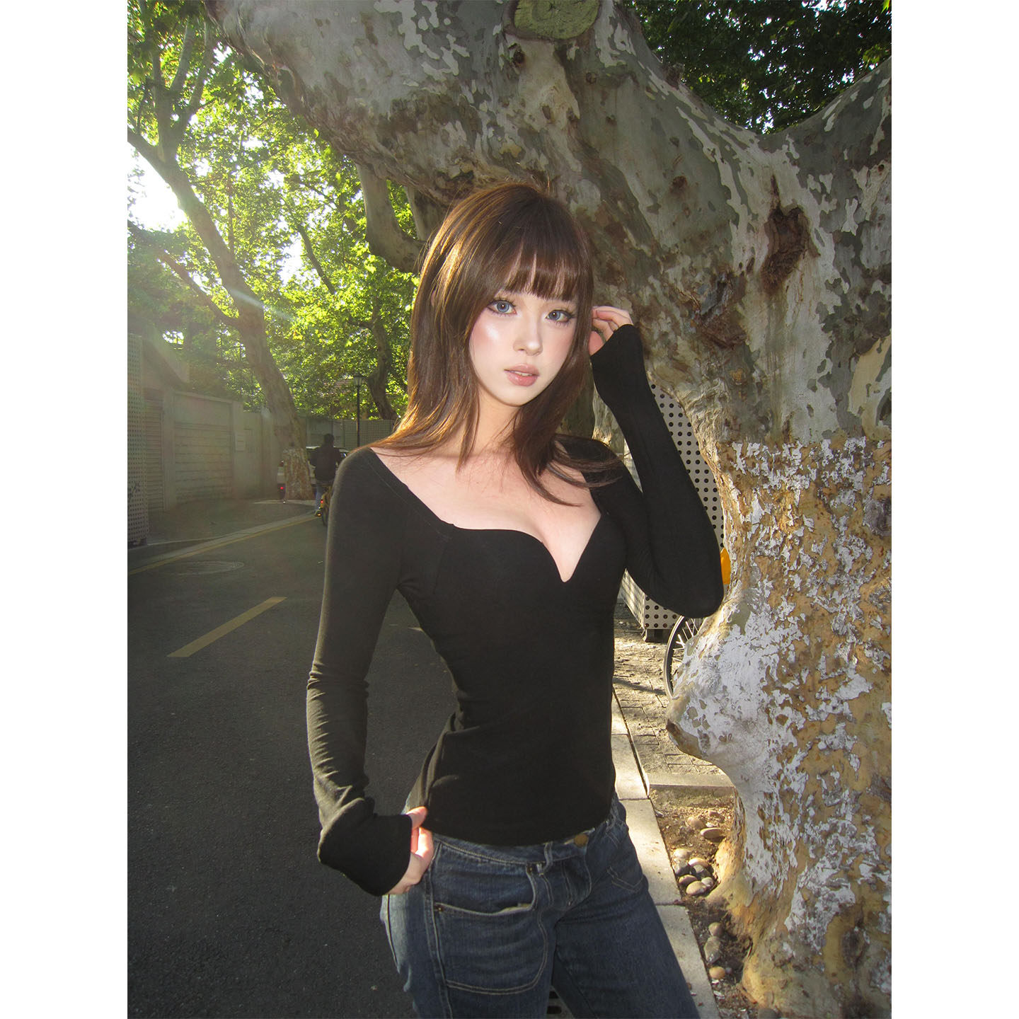 美式辣妹黑色V领长袖T恤女秋季2026新款修身显瘦性感内搭打底上衣