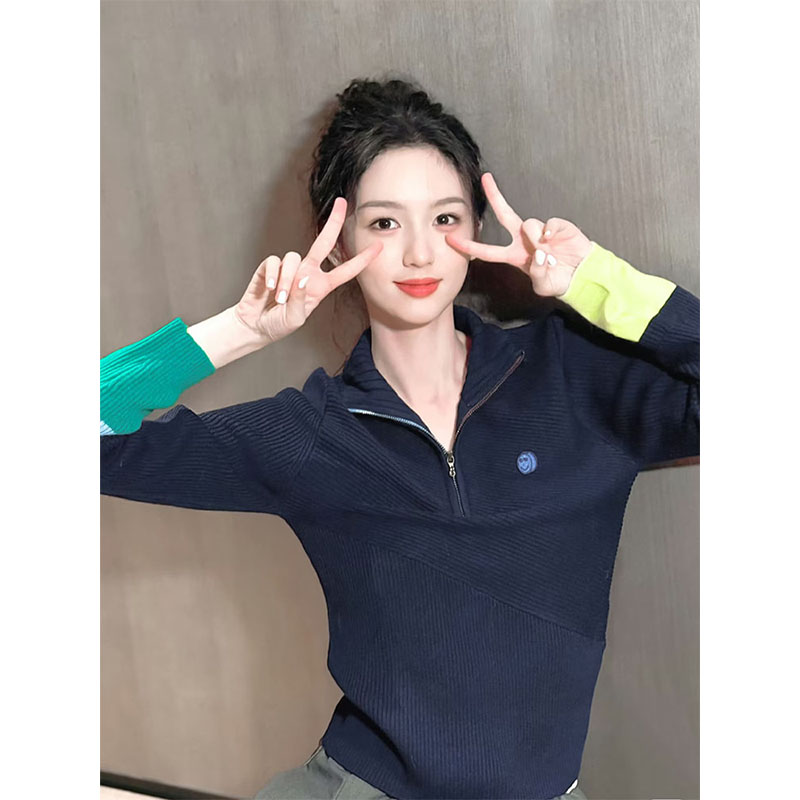 AS达哥~好品质羊毛混纺半高领拉链针织衫修身撞色拼接打底上衣女