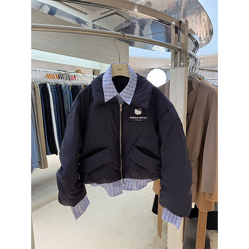 AS达哥~减龄又保暖】原厂面料学院风 短款假两件面包羽绒服外套女