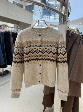 AS达哥~秦岚同款~费尔岛长袖羊毛针织开衫女驼色复古撞色打底毛衣