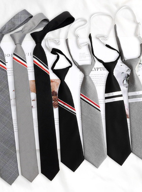 tb领带男女学院风韩版个性三色条纹懒人免打拉链式领带男士黑色dk