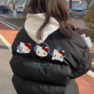 卡通可爱风黑色羽绒棉服女大童初中高中学生宽松面包服冬季外套